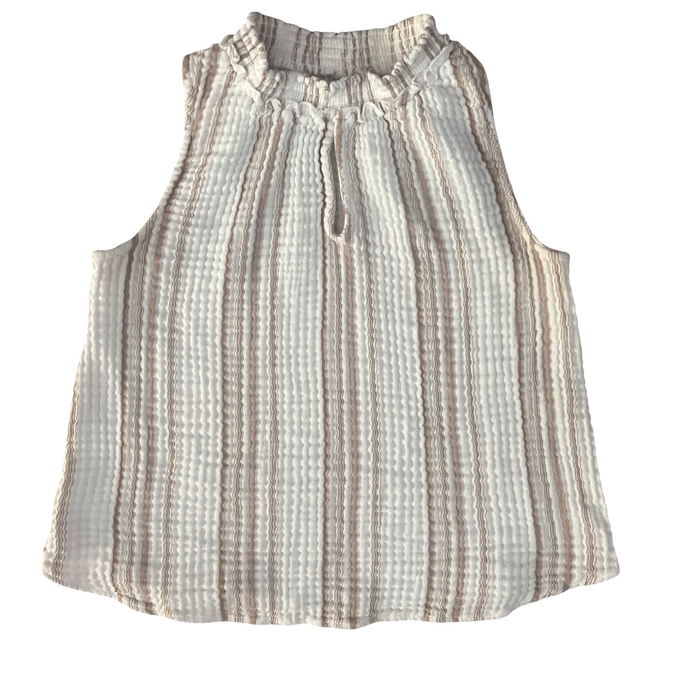 Evereve Gauze Brown and White Striped High Neck 100% Cotton Top Size Large